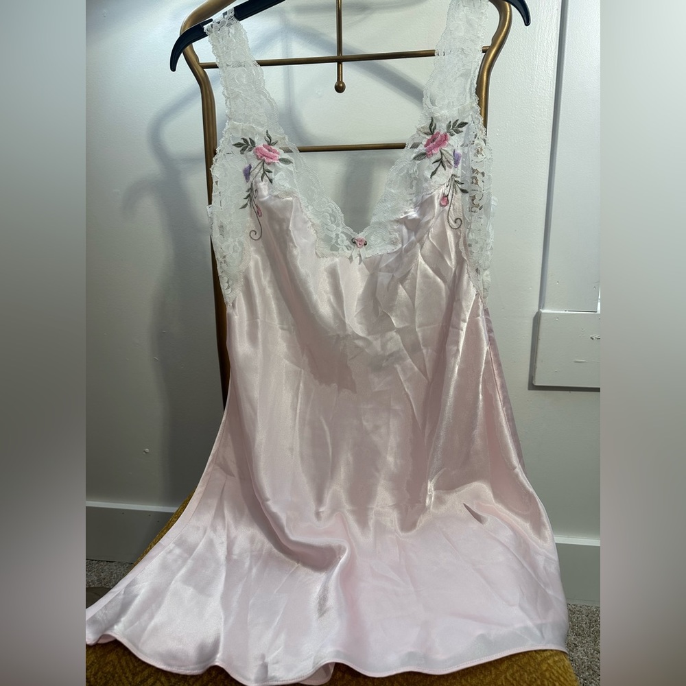 Vintage 90s Pink Satin Slip Dress Lace Floral Embroidery Coquette Lingerie